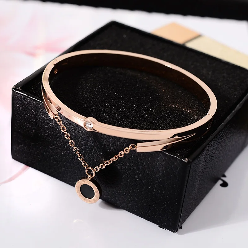 

YUN RUO Fashion Roman Number Pendant Bangle Double Faces Rose Gold Silver Titanium Steel Jewelry Woman Birthday Gift Never Fade