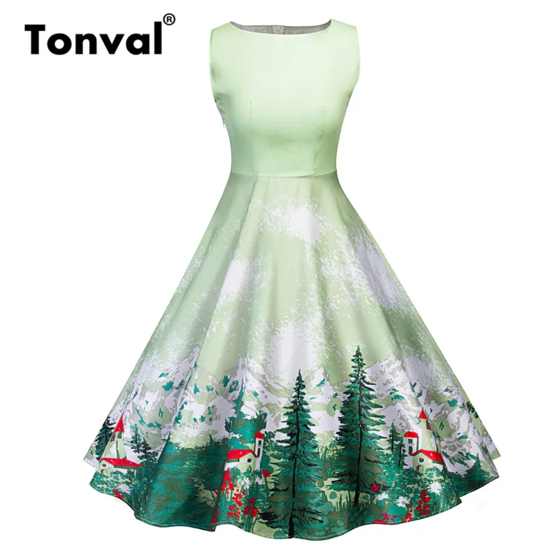Tonval Rockabilly Style Green Summer Retro Dress Tie Back Snowberg and Tree Print Dress Women Fit and Flare Vintage Dresses
Tonval Rockabilly Style Green Summer Retro Dress Tie Back Snowberg and Tree Print Dress Women Fit and Flare Vintage Dresses