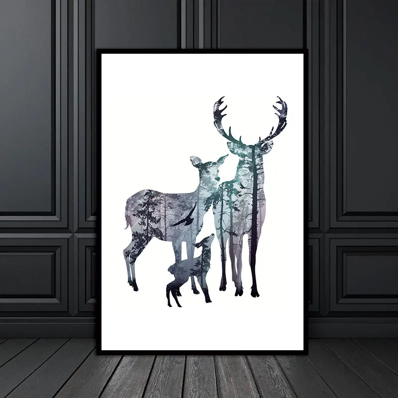 

Wall Picture for Home Decoration Silhouette of Deer Family with Pine Forest Canvas Art Print Painting Poster Home Decor