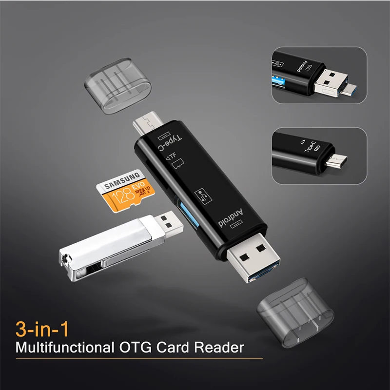

Type C & Micro USB OTG Reader Adapter TF Card Reader Universal 3 In 1 Multi Memory Card Reader For Mobile Phone PC Mac Computer