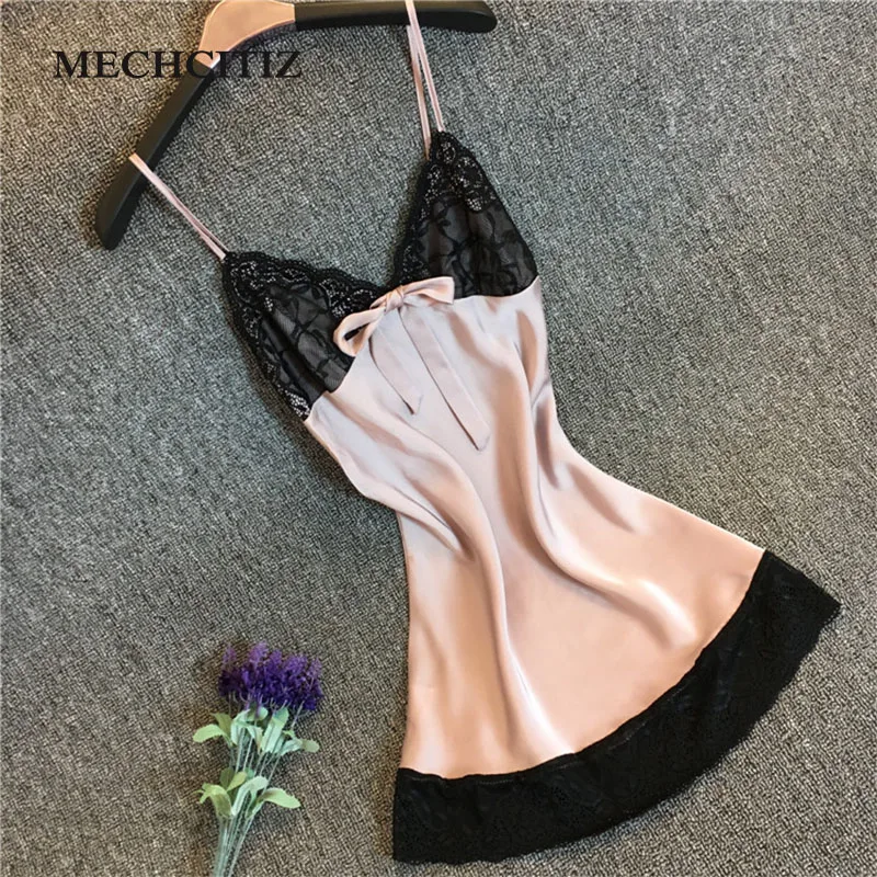 

MECHCITIZ 2019 Silk Solid Sexy Sleep Dress with Lace Floral Pyjama Femme Fashion Women Nightgown Sleepwear Homewear for Ladies