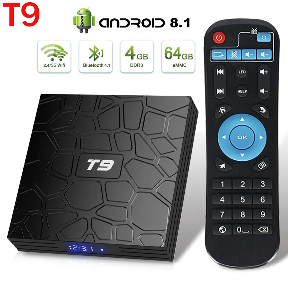 Android TV Box T9 Android 9.0 TV Box 4GB DDR3 RAM 64GB ROM RK3318 Bluetooth 4.2 Support 2.4G&5.0GHz WiFi 4K Set Top Box Smart TV
Android TV Box T9 Android 9.0 TV Box 4GB DDR3 RAM 64GB ROM RK3318 Bluetooth 4.2 Support 2.4G&5.0GHz WiFi 4K Set Top Box Smart TV
