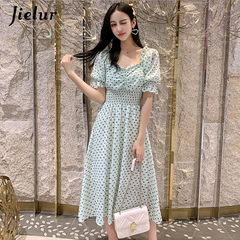 

Jielur Polka Dots Printed Chiffon Summer Women Dresses Sweet Short Sleeve V-neck Beach Sundress Elastic A-line Sukienka Letnia