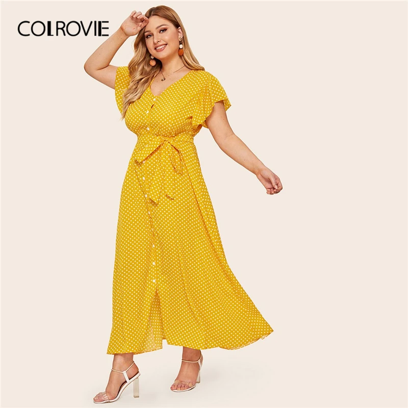 COLROVIE Plus Size Yellow V Neck Polka Dot Button Self Tie Boho Maxi Shirt Dress Women 2019 Summer Holiday Vacation Dresses
COLROVIE Plus Size Yellow V Neck Polka Dot Button Self Tie Boho Maxi Shirt Dress Women 2019 Summer Holiday Vacation Dresses