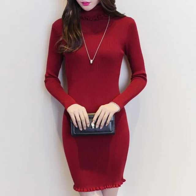 New Ruffle Neck Sweater Dress Women Fashion Turtleneck Knitted Tops Elastic Sexy Bodycon Pullovers Solid Sweater Dress 1097
New Ruffle Neck Sweater Dress Women Fashion Turtleneck Knitted Tops Elastic Sexy Bodycon Pullovers Solid Sweater Dress 1097