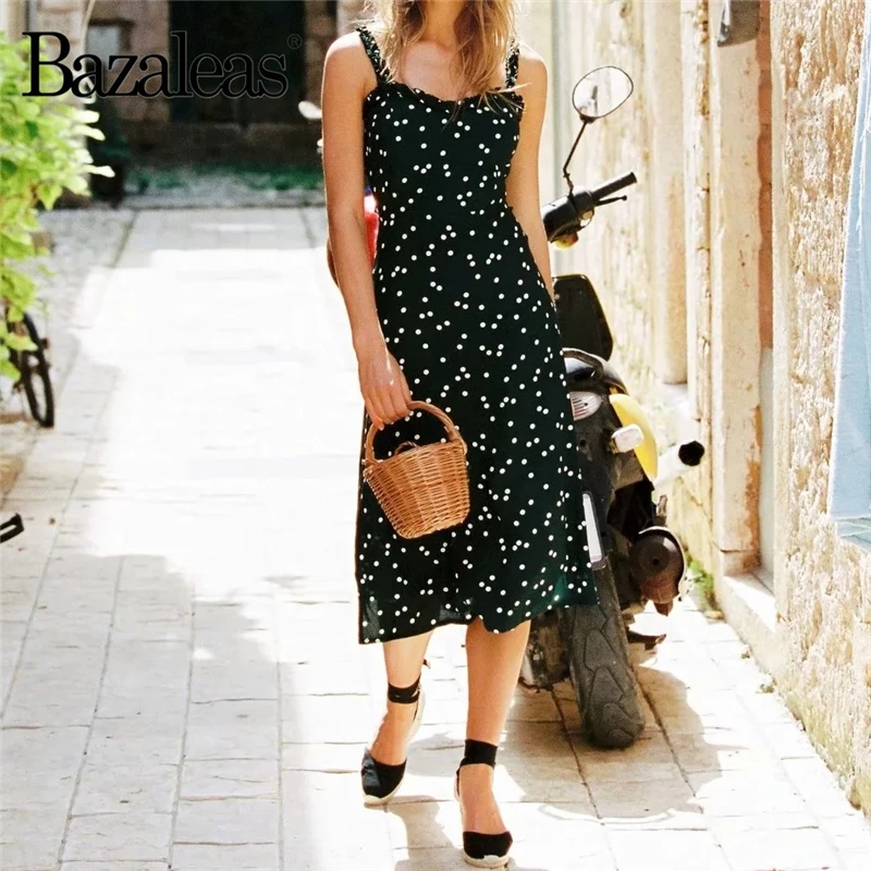Bazaleas Ruffles Spaghetti Strap women Dress Chiffon Fashion dot Prin tSummer Dress Split Midi Dresses Back Bow Vestido Casual
Bazaleas Ruffles Spaghetti Strap women Dress Chiffon Fashion dot Prin tSummer Dress Split Midi Dresses Back Bow Vestido Casual