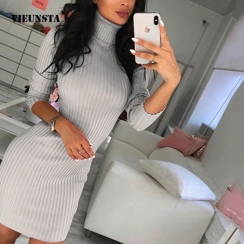 VIEUNSTA Women Sexy Turtleneck Knitted Rib Dresses Autumn Winter Solid Elastic Slim Pencil Dress Causal Long Sleeve Mini Dress
VIEUNSTA Women Sexy Turtleneck Knitted Rib Dresses Autumn Winter Solid Elastic Slim Pencil Dress Causal Long Sleeve Mini Dress
