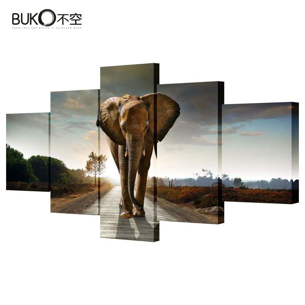 Image 5Pcs Combined(No Framed)Canvas Painting Elephant Wall Art Picture Home Decoration Living Room  Large Canvas Grassland elephants