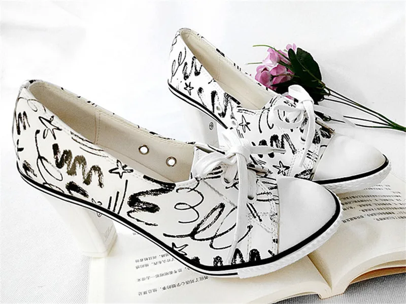 New Women Pumps Shoes Brand Designer Classic Casual Women Print 6CM8CM High-Heeled Shoes Lace-Up High Top Lady Shoes High Heels (7)