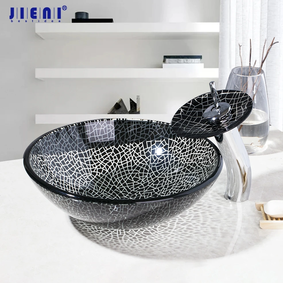 

JIENI Round Bathroom Handmade Article Washbasin Tempered Glass Vessel Sink & Waterfall Chrome Brass Faucet Set Mosaic Pattern