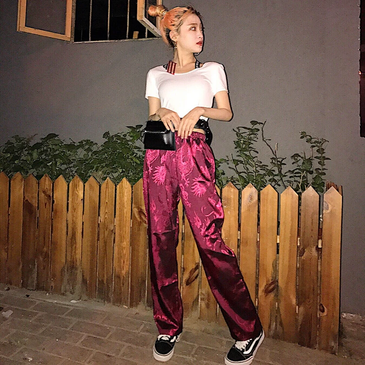 

vintage Dark Dragon totem print streetwear ulzzang Korean Women's Clothing loose new Harajuku Unisex straight high waist pants