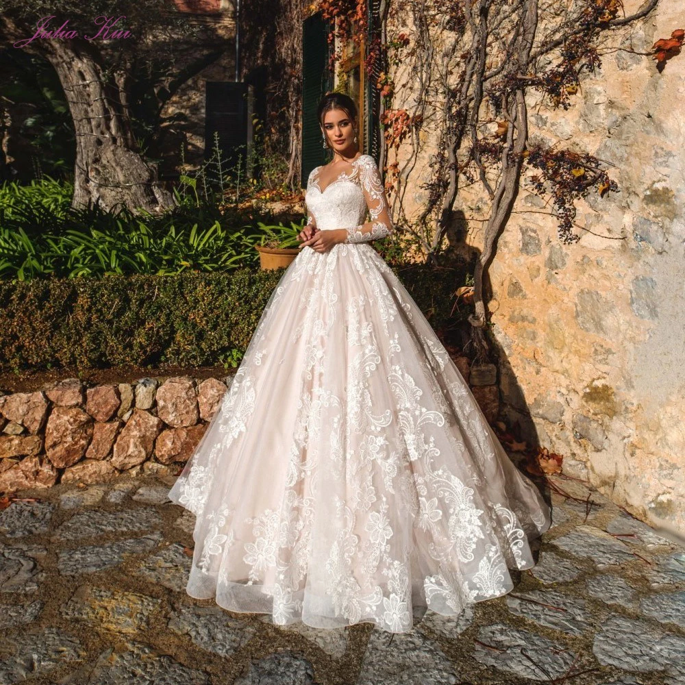 

Julia Kui Robe De Mariage Floral Print A-Line Princess Wedding Dress Full Sleeves Elegant Sweetheart Floor Length Bridal Dress