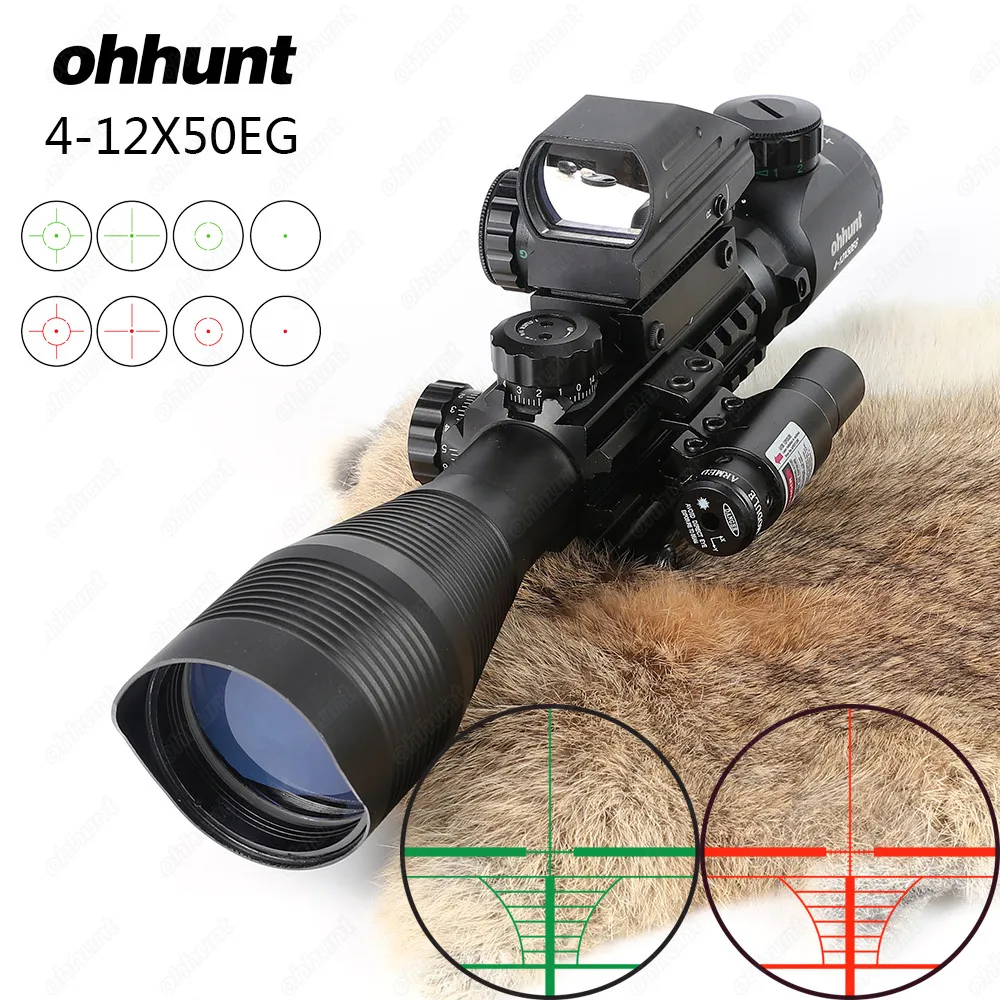 

Ohhunt 4-12X50 Illuminated Rangefinder Reticle Rifle Scope Holographic 4 Reticle Sight 11mm and 20mm Red Laser Combo Riflescope