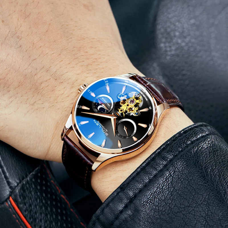 SOLLEN Brand Automatic Watch Men Fashion Moon Phase Men's Business Mechanical Watches Luxury Genuine Leather Wristwatch
SOLLEN Brand Automatic Watch Men Fashion Moon Phase Men's Business Mechanical Watches Luxury Genuine Leather Wristwatch