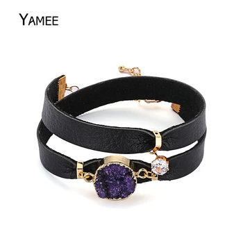 Original Design Purple Druzy Charm Bracelet Gold Clasp Chain Bracelet Punk Rock Cool Style Black Leather Wrap Bracelet For Women
Original Design Purple Druzy Charm Bracelet Gold Clasp Chain Bracelet Punk Rock Cool Style Black Leather Wrap Bracelet For Women