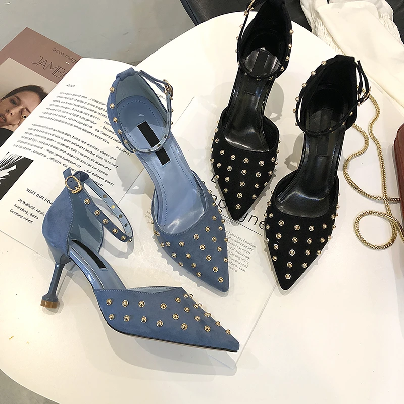 2019 Spring Sexy Pointed toe suede women pumps rivets ankle strap fashion thin high heels banquet party shoes blue black
2019 Spring Sexy Pointed toe suede women pumps rivets ankle strap fashion thin high heels banquet party shoes blue black
