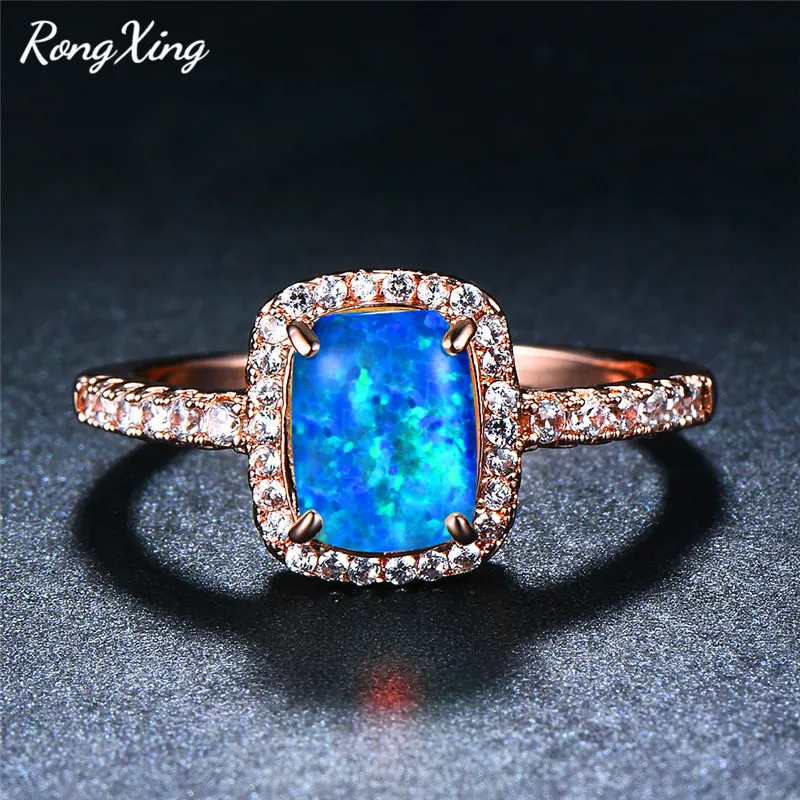 RongXing Blue/Green/White Fire Opal Square Rings For Women Rose Gold Filled Rainbow Stone Zircon Birthstone Ring Jewelry RR0090 | Украшения