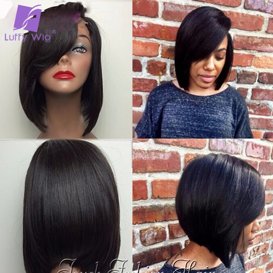 Layered Human Hair Short Bob Wig For Black Women Glueless Lace Front Human Hair Bob Wigs With Side Bangs Full Lace Short Wigs