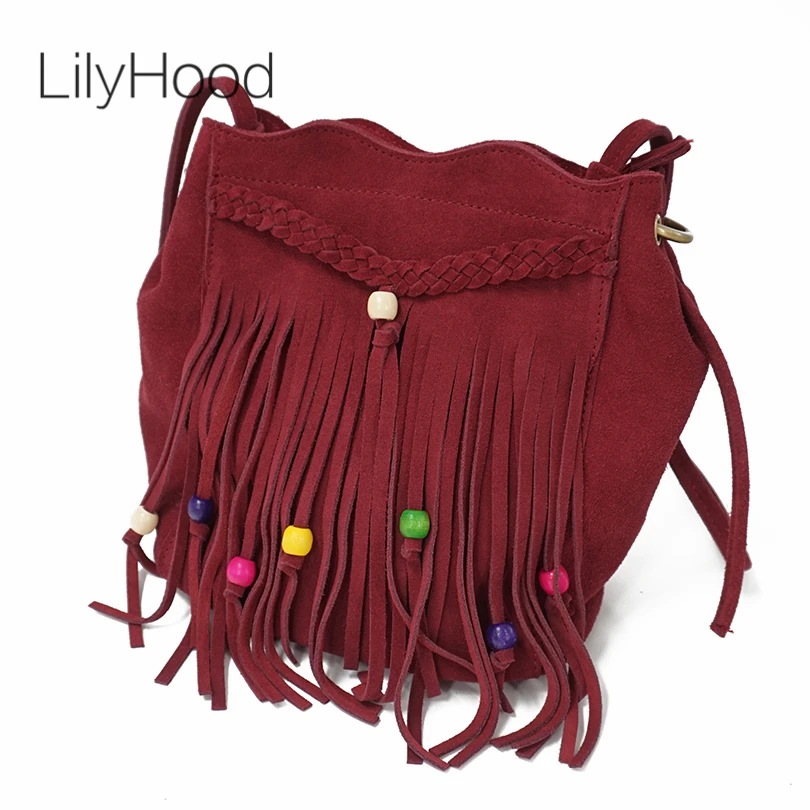 

LilyHood Real Leather Fringe Shoulder Bag Fringe Tassel Festival Boho Chic Indian Hippie Gypsy Tribal Bohemian Ibiza Bucket Bag