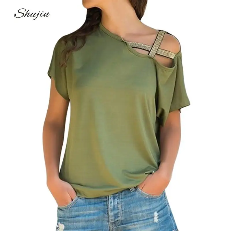 

SHUJIN Women Summer T shirt 2019 Short Sleeve Sexy Off Shoulder T shirt Casual Fashion Strapless T-shirt Woman Clothes Tops