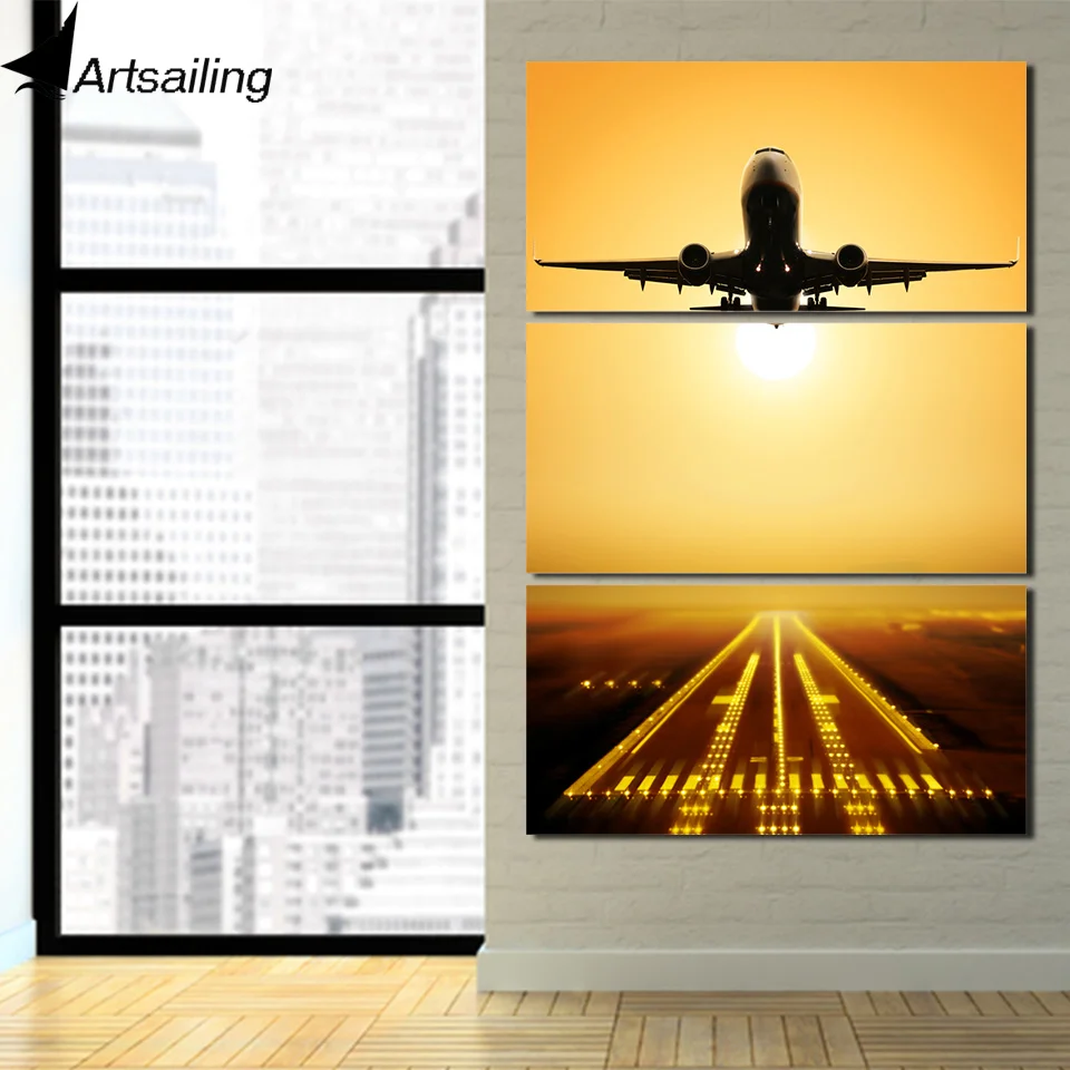 ArtSailing 3 панели холст настенная живопись летающий самолет закат картина украшение
