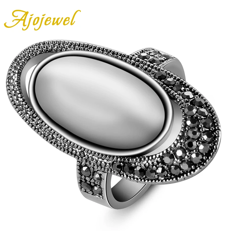 Ajojewel Vintage Ring w/ Black CZ & White Opal Stone for Women