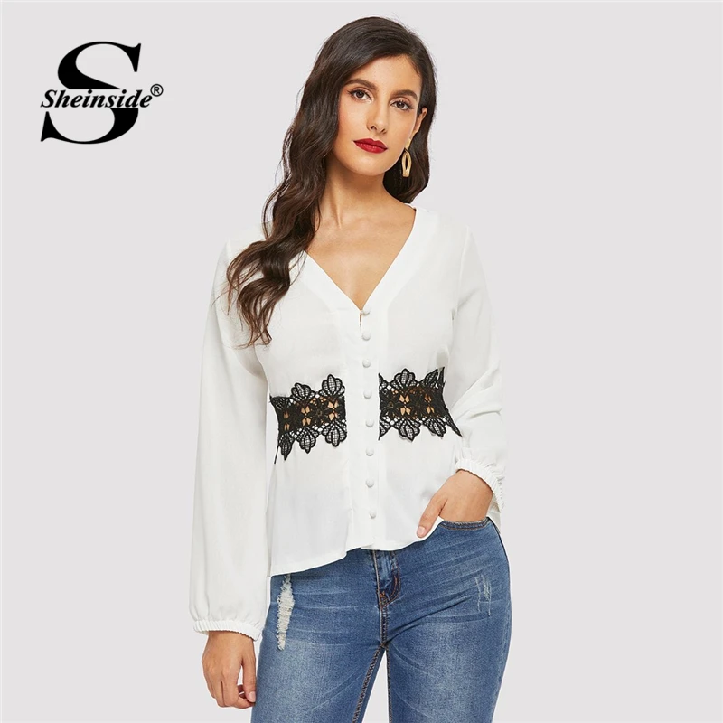 Sheinside Button Front Lace Contrast V-Neck Smock Top Women Elegant Blouse 2019 Office Ladies White Hollow Out Womens Blouses
Sheinside Button Front Lace Contrast V-Neck Smock Top Women Elegant Blouse 2019 Office Ladies White Hollow Out Womens Blouses