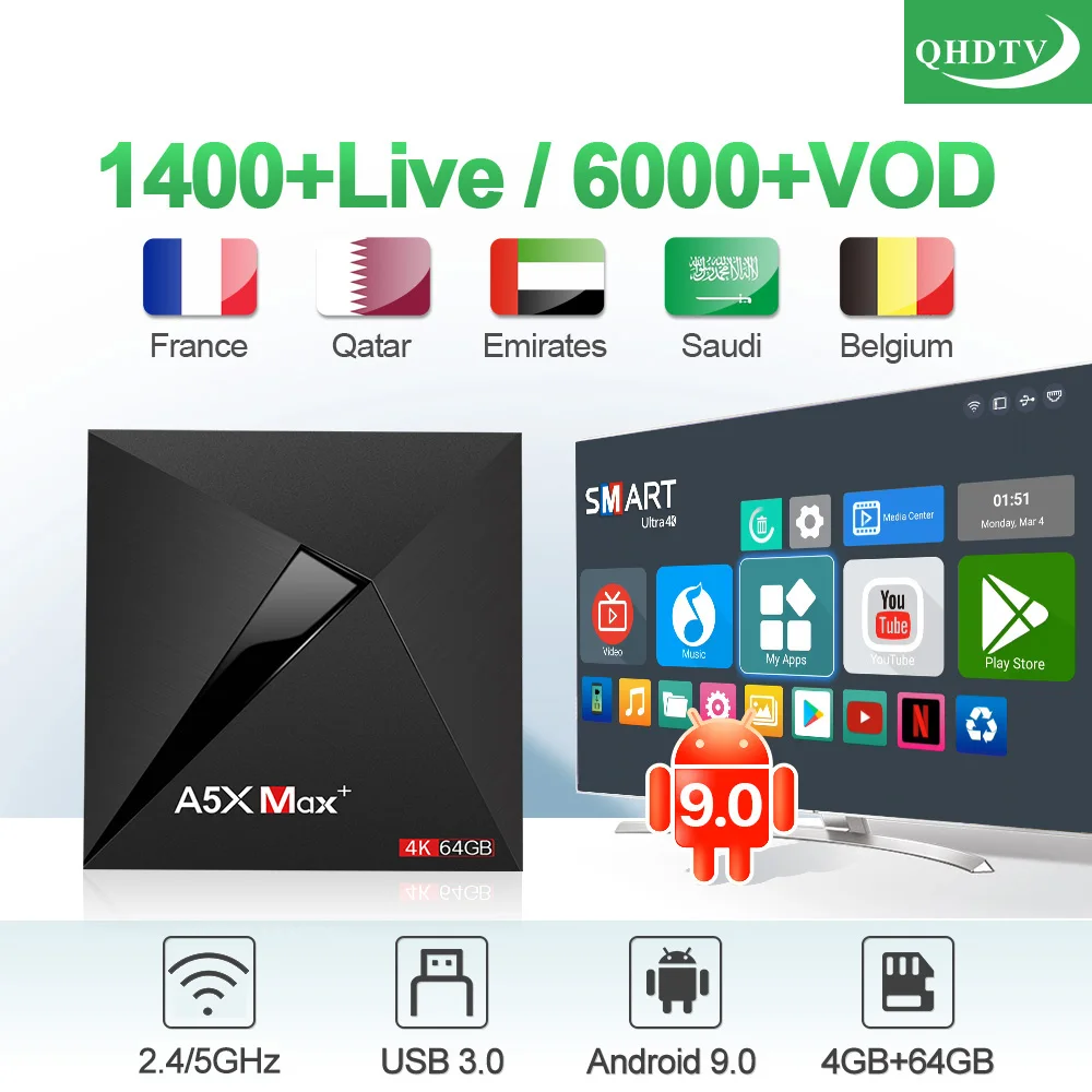 A5X MAX+ IPTV France Arabic Belgium Netherlands Android 9.0 4G+64G USB3.0 Dual-Band WIFI IPTV France Arabic Belgium France IPTV
A5X MAX+ IPTV France Arabic Belgium Netherlands Android 9.0 4G+64G USB3.0 Dual-Band WIFI IPTV France Arabic Belgium France IPTV