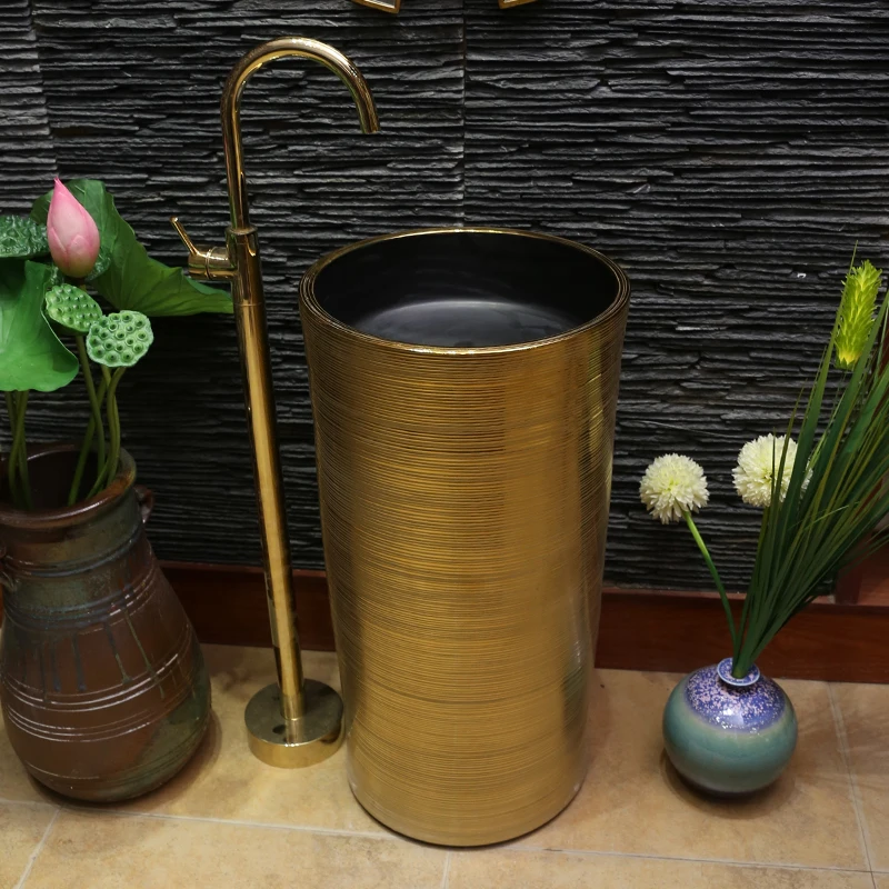 

Gold Art Bathroom Pedestal Wash Basin Freestanding Ceramic Washbasin Floor Type Basin Vertical Hand Pedestal Basin