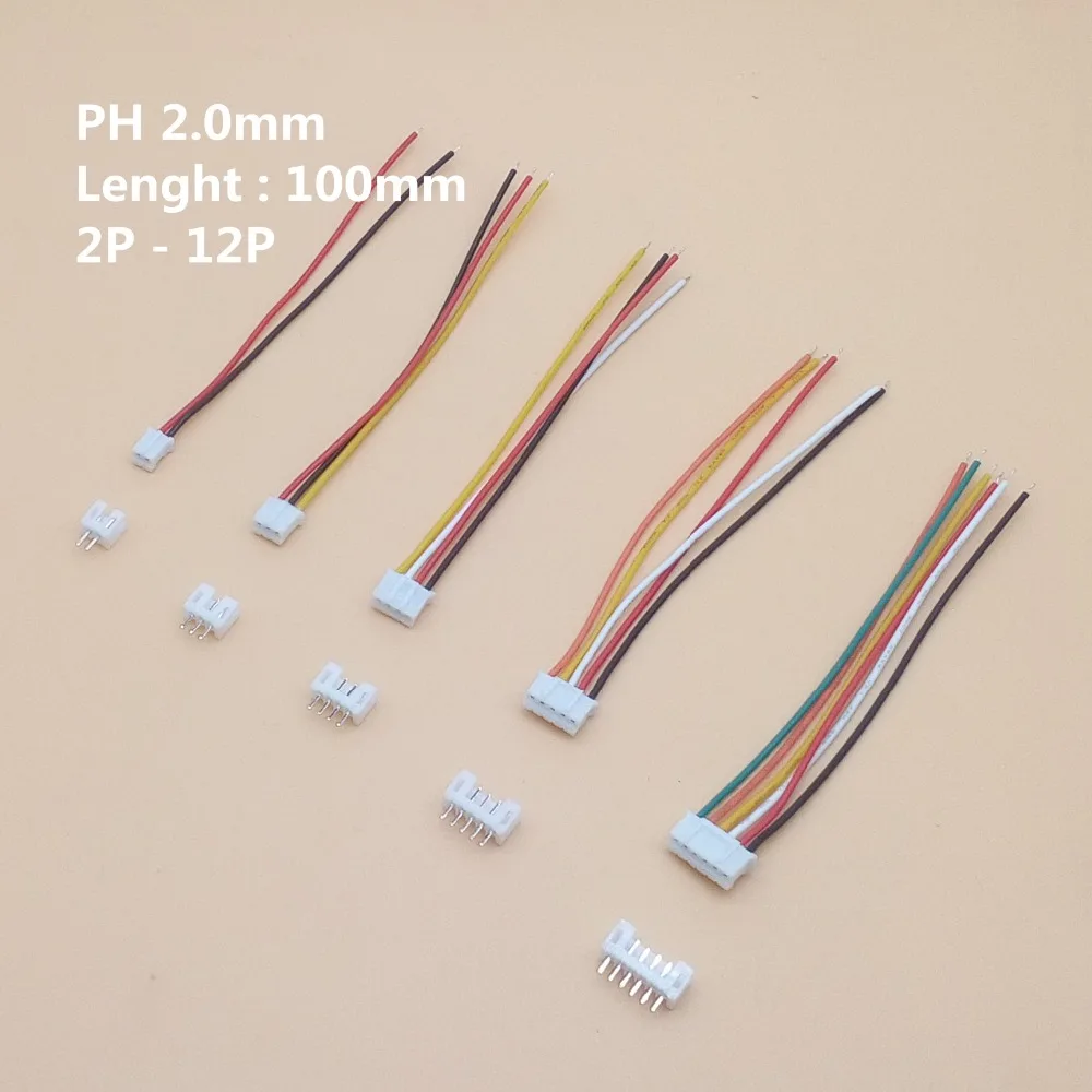 100 комплектов разъемов PH 2 0 мм штекер с проводами кабели 2/3/4/5/6/7/8/9/10/12 контактов 10