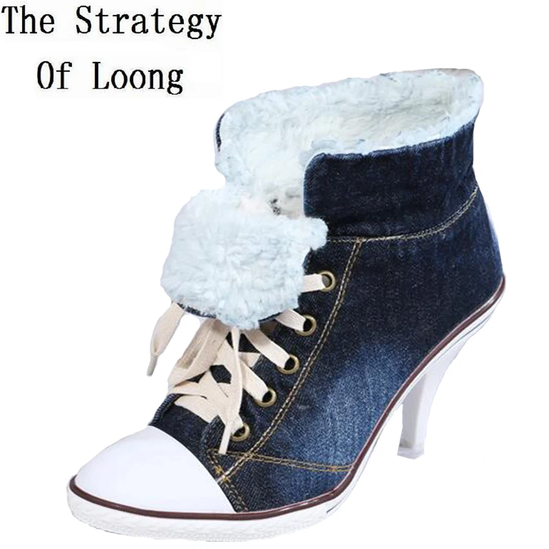 Pointed Toe Lace-up Women Denim Ankle Boots Thick Warm Lady High Heels Short Boots Plus Size 41 42 Big Size Jean Shoes
Pointed Toe Lace-up Women Denim Ankle Boots Thick Warm Lady High Heels Short Boots Plus Size 41 42 Big Size Jean Shoes