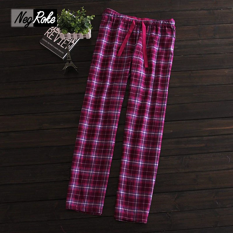 Image Plus size 100% brushed cotton women sleep bottoms ladies Hot sale spring and autumn Female plaid sleepwear trousers for women