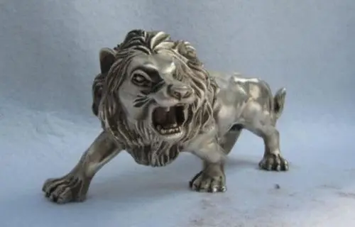 

China Folk Refined white Copper Silver Feline animal Ferocious Male lion Statue