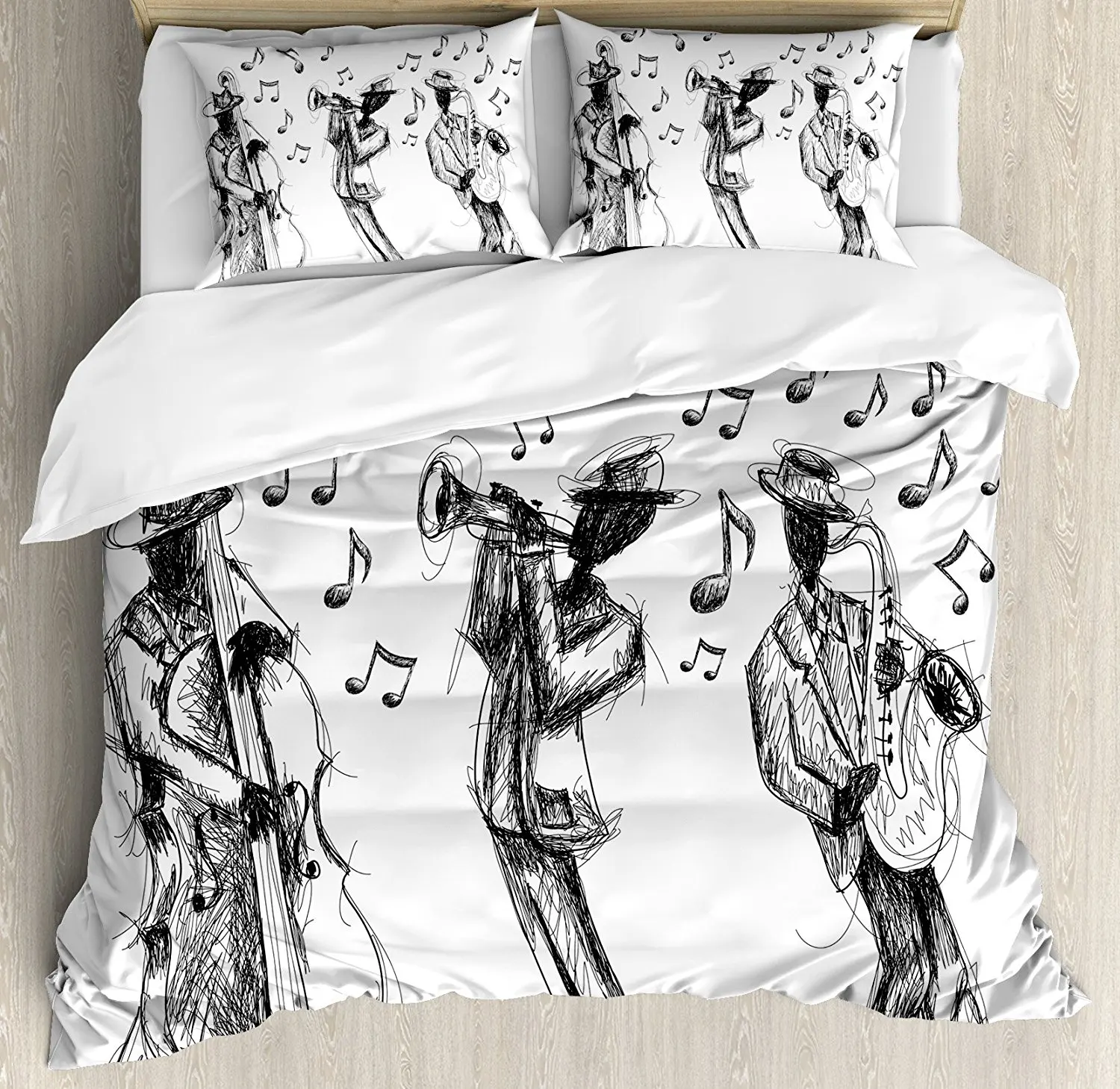 Jazz Music Decor Duvet Cover Set Sketch Style of a Jazz Band Playing Music with Instruments and Musical Notes 4 Pcs Bedding Set
Jazz Music Decor Duvet Cover Set Sketch Style of a Jazz Band Playing Music with Instruments and Musical Notes 4 Pcs Bedding Set