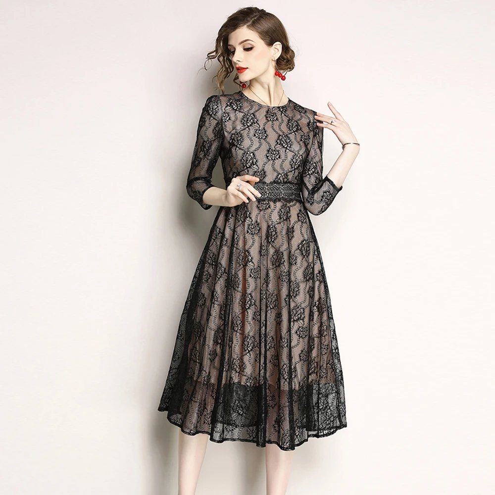 Summer Dress Fashion A-Line Solid Pattern Three Quarter Vintage Dresses Hollow Out Decoration Mid-Calf O-Neck Women Dress Cheap
Summer Dress Fashion A-Line Solid Pattern Three Quarter Vintage Dresses Hollow Out Decoration Mid-Calf O-Neck Women Dress Cheap