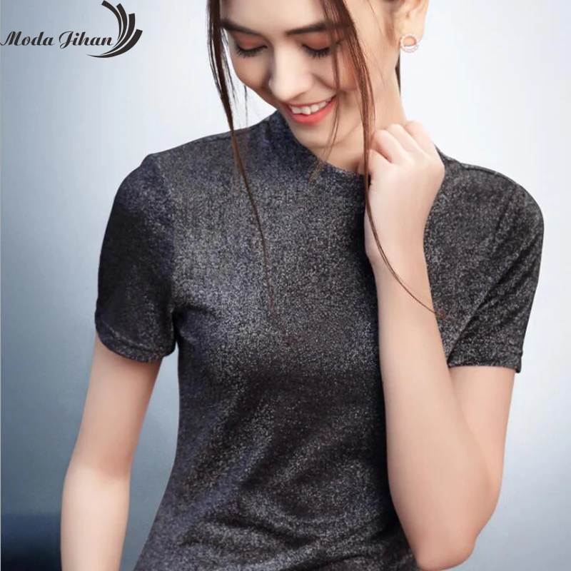 Moda Jihan Simple Style Women T-Shirt Short Sleeve Ladies Tops Soft Poly Shining Material Stretchable O Neck Basic TShirt | Женская