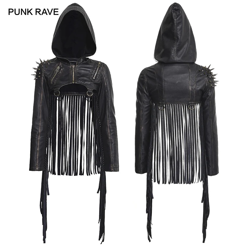 PUNK RAVE Women's Steampunk Fashion Novelty Punk Rock rivet Leather Hooded Short Jacket Personality Tassel Women Coat
PUNK RAVE Women's Steampunk Fashion Novelty Punk Rock rivet Leather Hooded Short Jacket Personality Tassel Women Coat