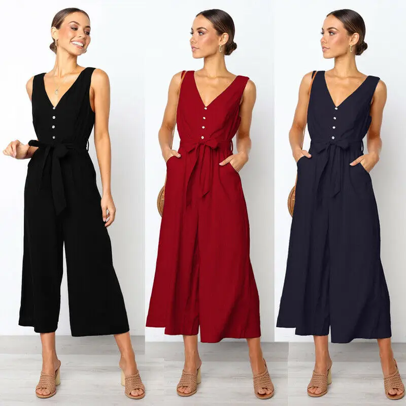 Fashion Women Wide Legs Hot Summer Loose Sexy Buttons Solid Sleeveless Bodycon Jumpsuit V-neck Romper Clubwear Long Playsuits
Fashion Women Wide Legs Hot Summer Loose Sexy Buttons Solid Sleeveless Bodycon Jumpsuit V-neck Romper Clubwear Long Playsuits