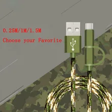 0.25M/1M/1.5M/ Camouflage 2 in 1 Quick Micro USB+Type-C Braided Date Sync Charger Cable For Android Type C phone Nexus GSCP2535