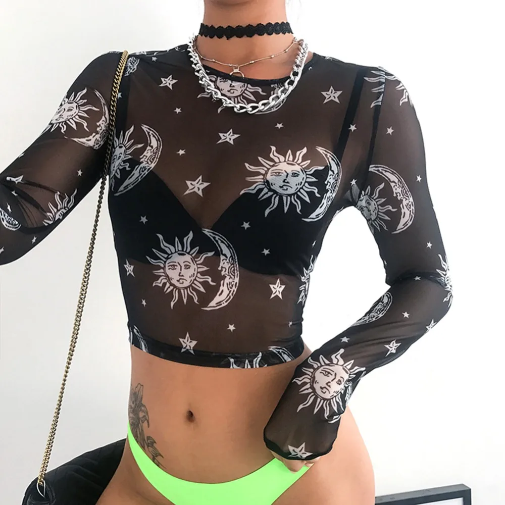 Fashion black mesh top transparent female t-shirt Sun Moon Star print long sleeve crop top women's t-shirts Camiseta 2019 New
Fashion black mesh top transparent female t-shirt Sun Moon Star print long sleeve crop top women's t-shirts Camiseta 2019 New