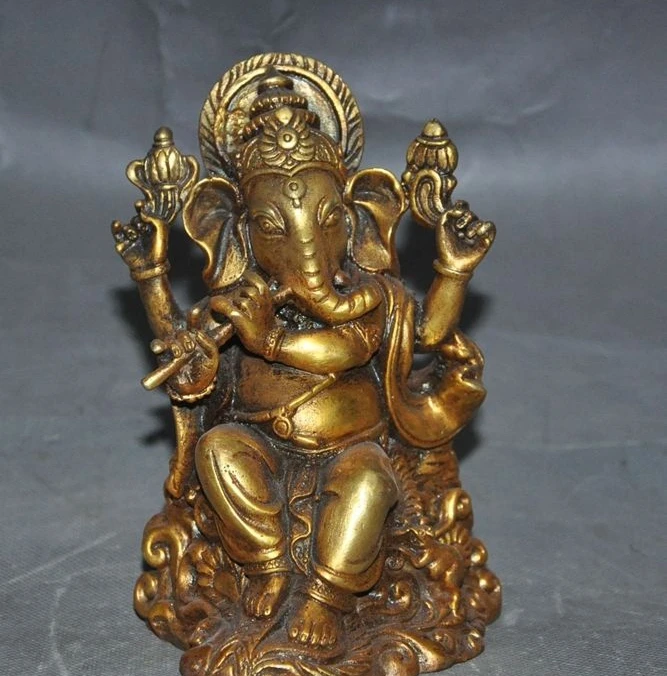 

Tibet Buddhism Fane Joss bronze gilt 4 Arms Elephant Jambhala Buddha God Statue