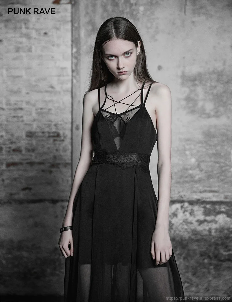 PUNK RAVE Women's Gothic Strapless Lace Chiffon Deep V Hollow Out Backless Black Long Layered Strap Partly Transparent Dress
PUNK RAVE Women's Gothic Strapless Lace Chiffon Deep V Hollow Out Backless Black Long Layered Strap Partly Transparent Dress
