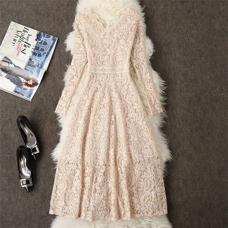 Women Spring Autumn Vintage Lace Dress Hollow Out Elegant Evening Party Dress Deep V Neck Casual Mid Long Sleeve Swing Dresses
Women Spring Autumn Vintage Lace Dress Hollow Out Elegant Evening Party Dress Deep V Neck Casual Mid Long Sleeve Swing Dresses
