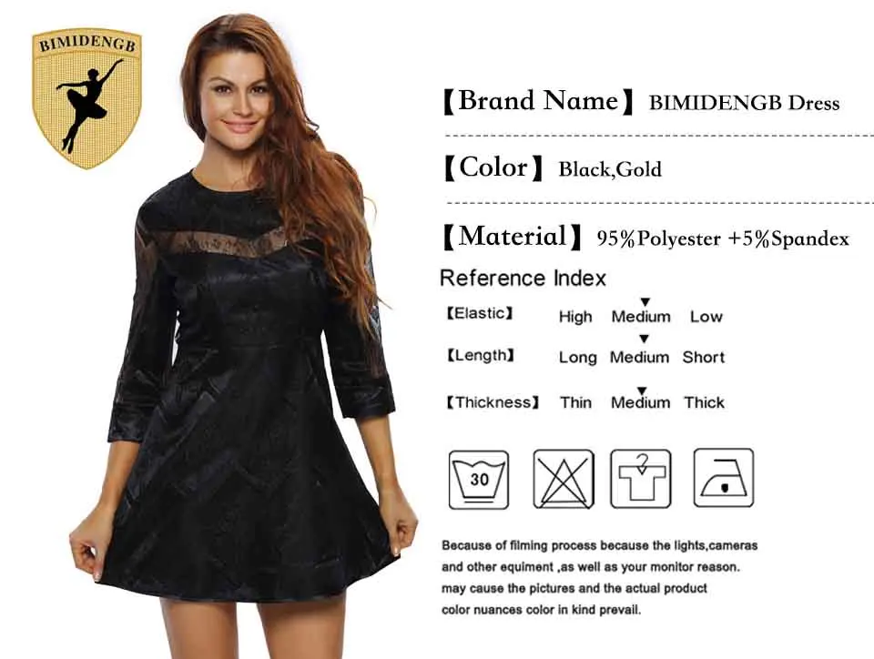 BIMIDENGB New 2017 Hot Party dresses Elegant Casual Little Black Gold Sheer Lace Overlay Sleeved Skater Dress Vestido de Renda 11