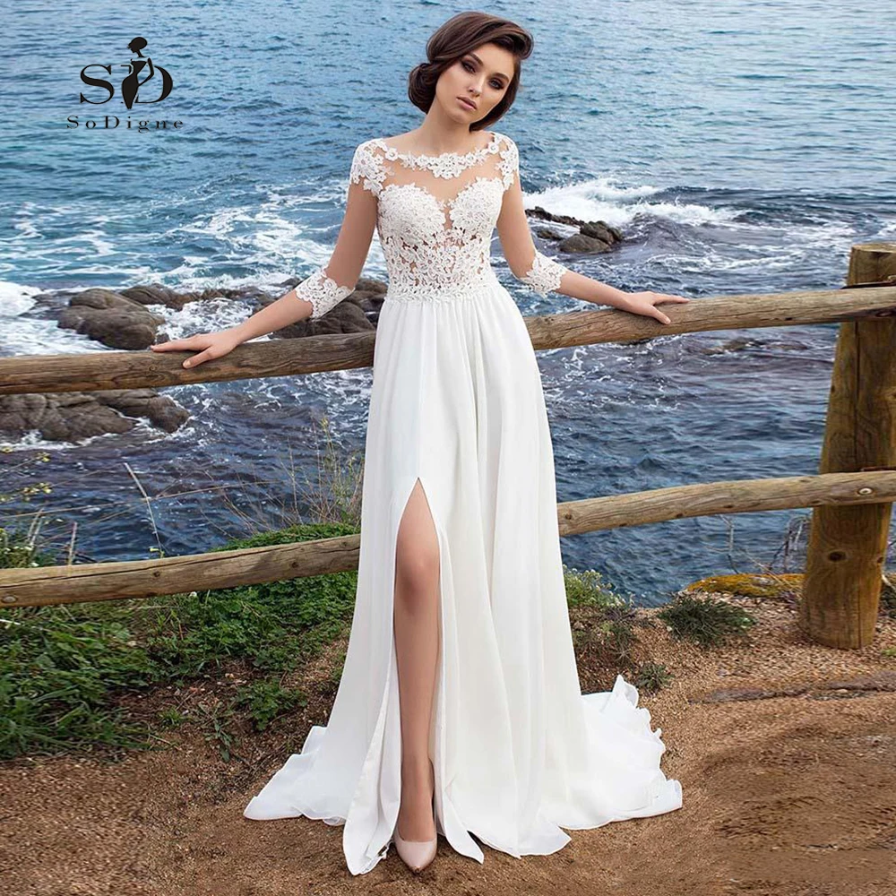 Beach Chiffon Wedding Dress Lace Appliques Simple Dress A-line Slit Side Vestido De Novia Playa Bridal Gown vestidos de novia
Beach Chiffon Wedding Dress Lace Appliques Simple Dress A-line Slit Side Vestido De Novia Playa Bridal Gown vestidos de novia