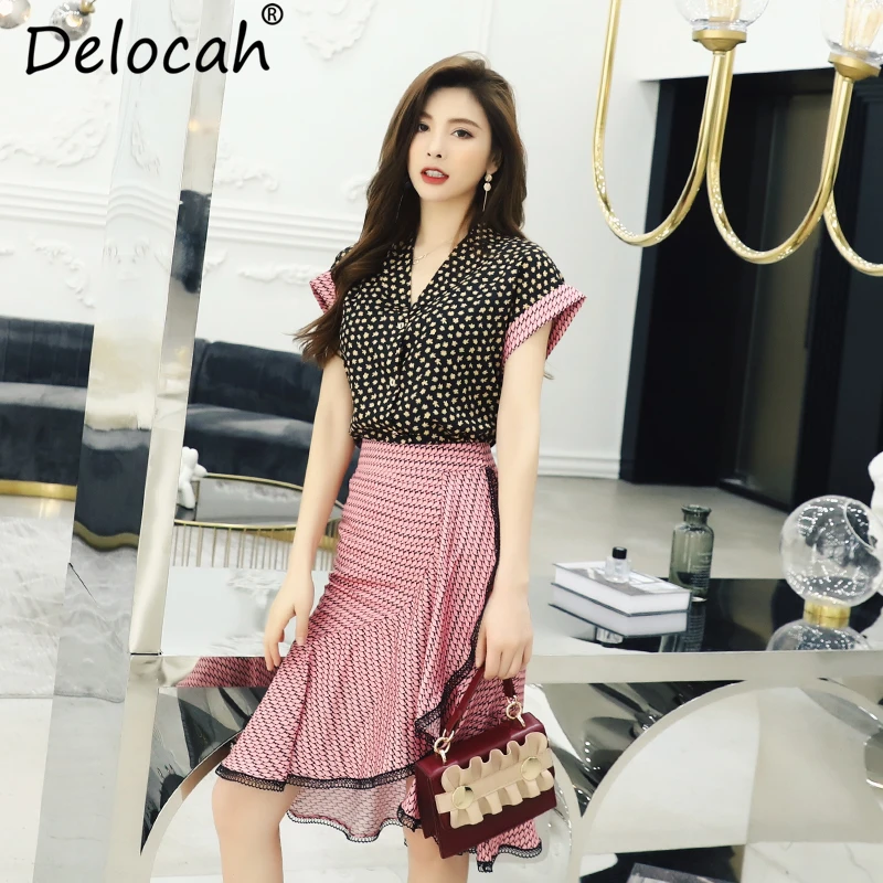 Delocah Women Summer Set Runway Fashion Designer Short Sleeve V-Neck Tops And Casual Asymmetrical Ruffled Skirt Two Pieces Set
Delocah Women Summer Set Runway Fashion Designer Short Sleeve V-Neck Tops And Casual Asymmetrical Ruffled Skirt Two Pieces Set