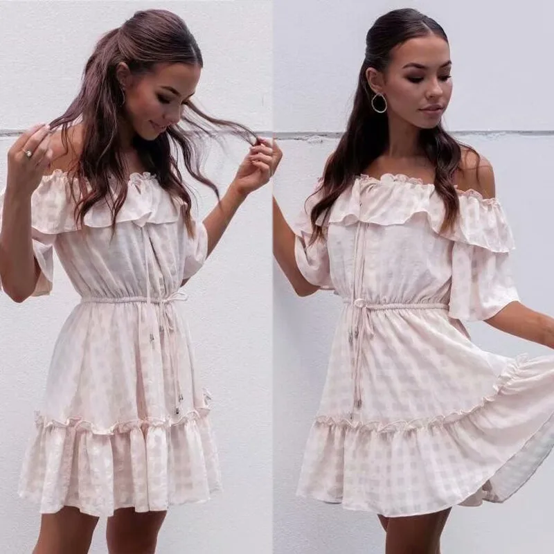 yinlinhe Off Shoulder Summer Dress Short Sleeve Lace Up Sexy Plaid Women Dress Backless Slim Waist Elegant Ruffles Vestidos 3