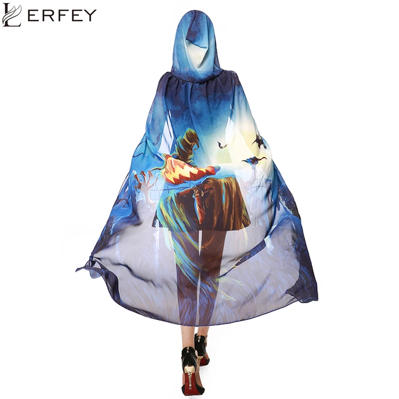 

LERFEY Women Poncho Novelty Printed Chiffon Halloween Beach Scarves Butterfly Peacock Wing Cosplay Cape Long Scarf Shawl Wrap