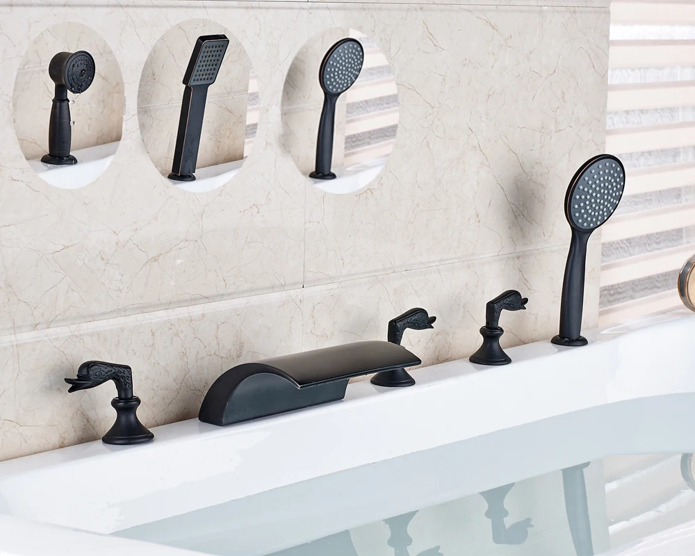 Widespread 5pcs Bathtub Faucet With Hand Shower Oil Rubbed Bronze Finished Deck Mounted 
Widespread 5pcs Bathtub Faucet With Hand Shower Oil Rubbed Bronze Finished Deck Mounted