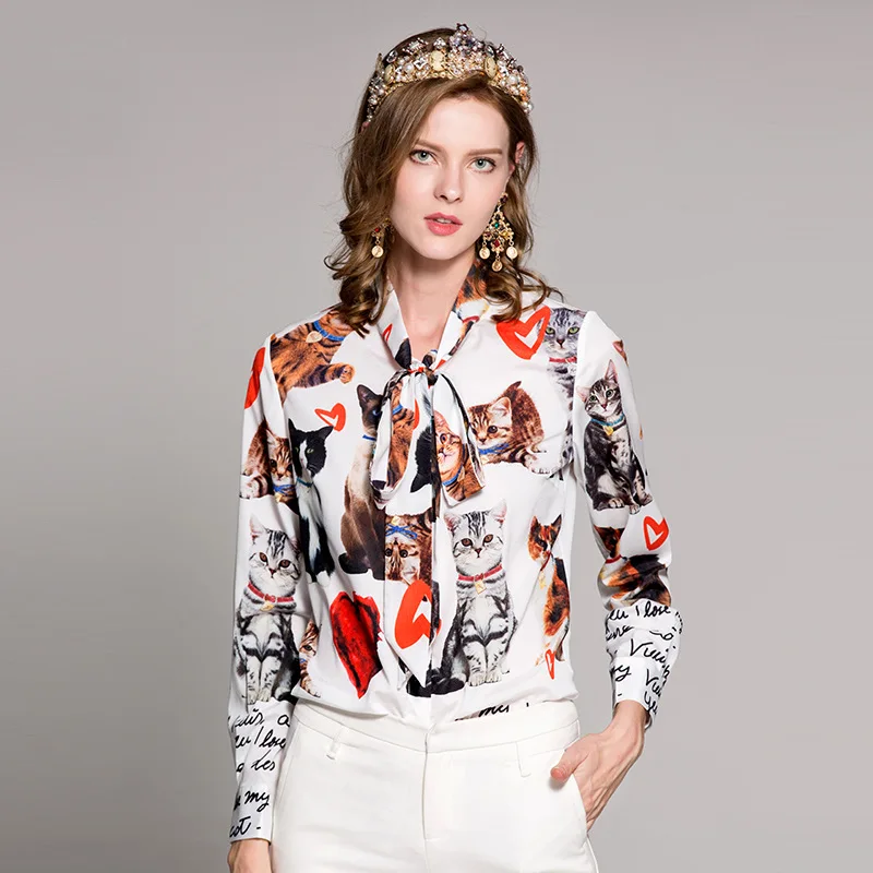 High-quality 2019 spring/summer designer fashion Blouses/tops Women long sleeve Bow collar vintage Cat print shirtt
High-quality 2019 spring/summer designer fashion Blouses/tops Women long sleeve Bow collar vintage Cat print shirtt